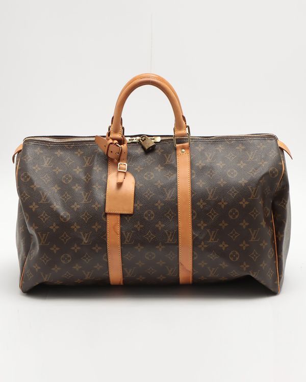 Louis Vuitton Keepall Monogram Travel Bag Coated Canvas Gold-Tone Hardware Leather Strap (Keepall Monogram)