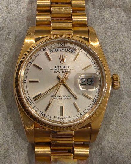 1984 Rolex Day-Date 36MM Silver Dial Yellow Gold President Bracelet (18038)