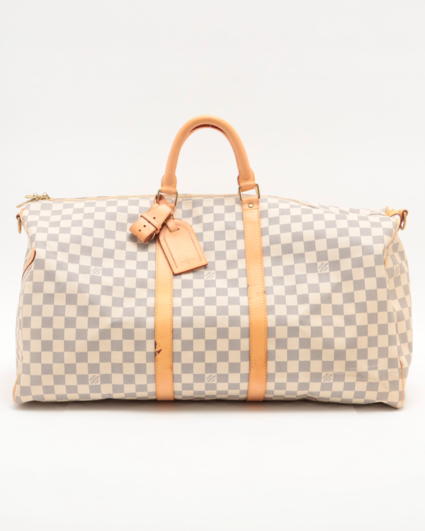 Louis Vuitton Keepall 50 Damier Azure Coated Canvas Gold-Tone Hardware Leather Strap (Keepall Damier)