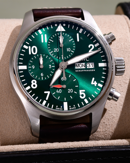 No Reserve - 2022 IWC Schaffhausen Pilot Chronograph 41MM Green Dial Leather Strap (IW388103)