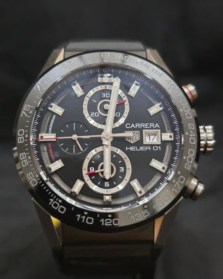 No Reserve - 2017 Tag Heuer Carrera Calibre Heuer 01 Chronograph 43MM Black Dial Rubber Strap (CAR201Z)