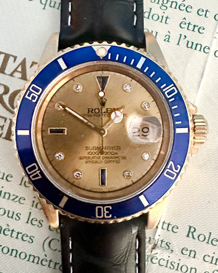 1998 Rolex Submariner Date 40MM Champagne "Serti" Dial Aftermarket Leather Strap (16618)