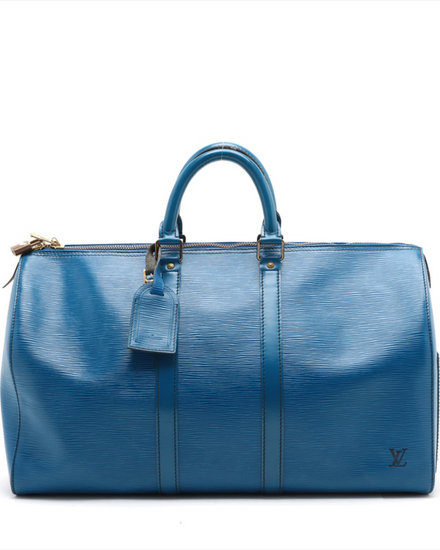 Louis Vuitton Keepall 45 Large Blue Leather Gold-Tone Hardware Leather Strap (M42975)