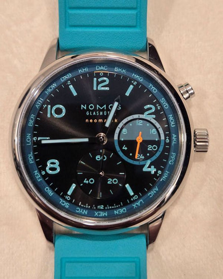 2025 NOMOS Glashutte Club Sport Neomatik Worldtimer Trace 40MM Black Dial Rubber Strap (790.S6 27/175)