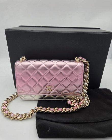 Chanel Wallet on Chain WOC Small Quilted Metallic Lambskin Silver Pink Gradient Light Gold Tone Hardware Leather Threaded Chain Strap (Bag)