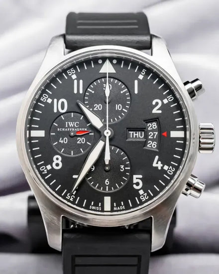 IWC Schaffhausen Pilot Chronograph 43MM Black Dial Aftermarket Rubber Strap (IW377701)
