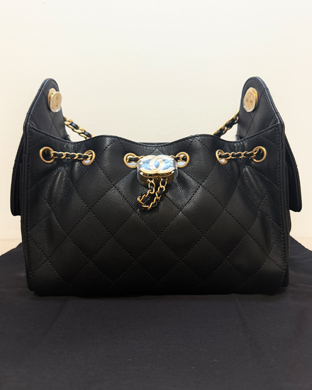 No Reserve - 2026 Chanel Mini Hobo Bag Small Quilted Leather Black Gold Tone Hardware Chain Leather Strap (Shoulder Bag)
