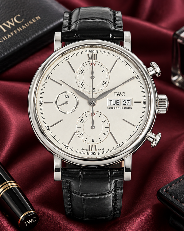 2016 No Reserve - IWC Schaffhausen Portofino Day Date Chronograph 42MM Silver Dial Leather Strap (IW391007)