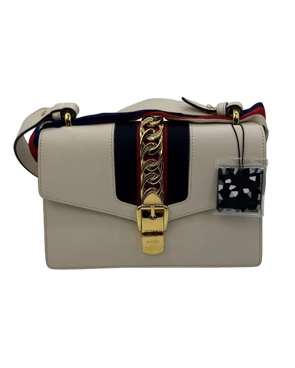 Gucci Sylvie Bag White Leather Gold-Tone Hardware Leather Strap (421882)