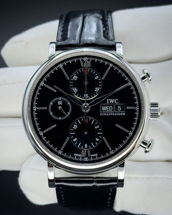 No Reserve - 2019 IWC Schaffhausen Portofino Chronograph 42MM Black Dial Leather Strap (IW391008)