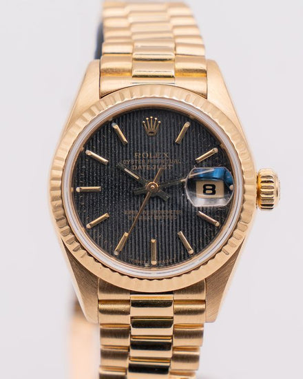 Rolex Lady-Datejust 26MM Black "Tapestry" Dial Yellow Gold President Bracelet (69178)