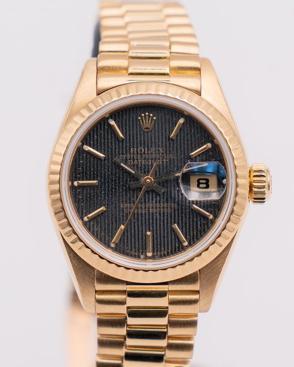 Rolex Lady-Datejust 26MM Black Dial Yellow Gold President Bracelet (69178)