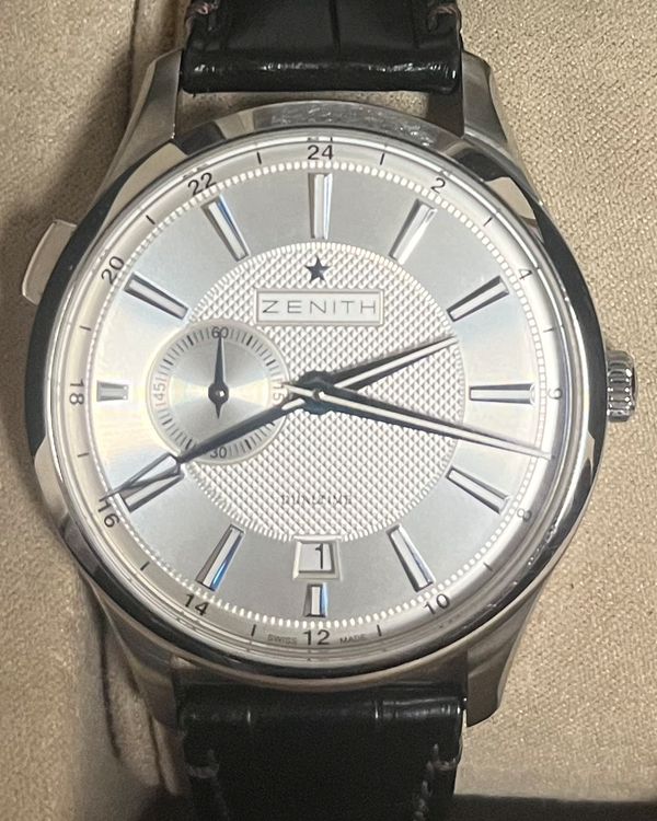 2013 Zenith Elite Captain Dual Time 40MM Silver Dial Leather Strap (03.2130.682/02.C498)