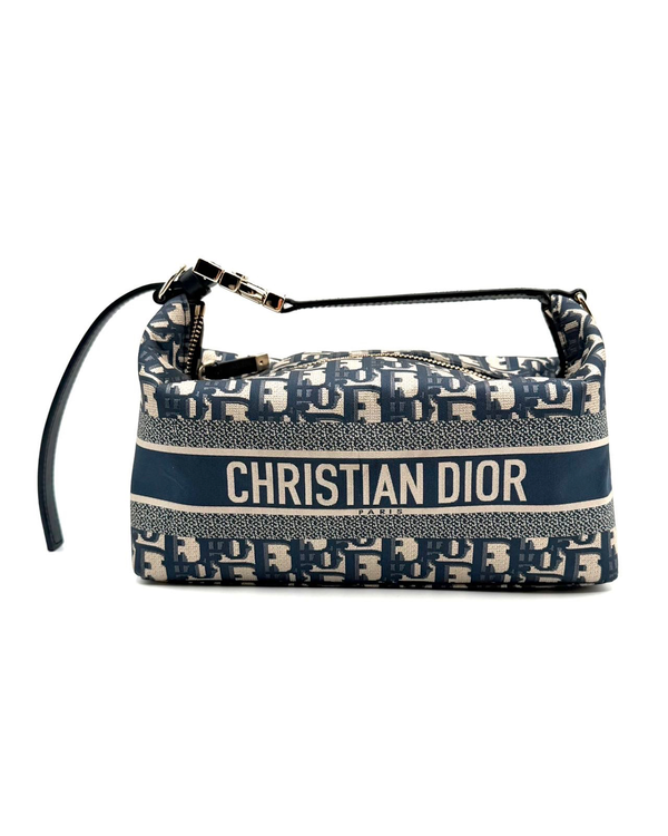 Dior Medium Travel Nomad Pouch Beige Textile Blue Calfskin Gold-Tone Hardware (Dior Nomad Pouch)