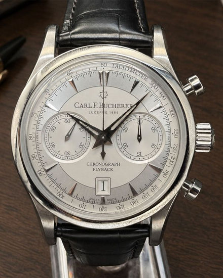 No Reserve - Carl F. Bucherer Manero Flyback Chronograph 43MM Silver Dial Leather Strap (00.10919.08.13.01)