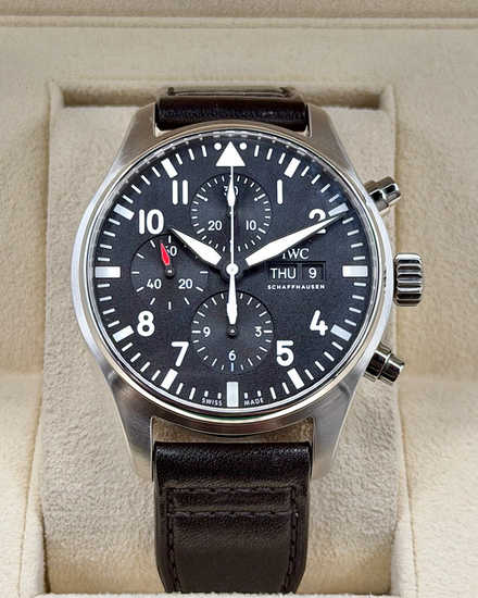 2020 IWC Schaffhausen Pilot Chronograph 43MM Black Dial Leather Strap (IW377709)