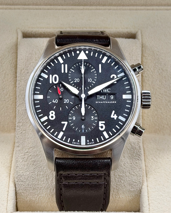 2020 IWC Schaffhausen Pilot Chronograph 43MM Black Dial Leather Strap (IW377709)