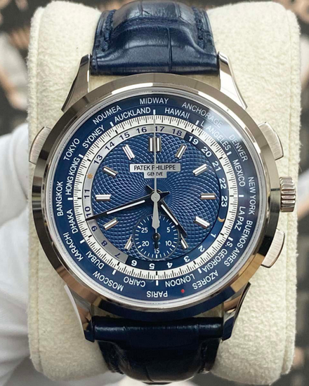 Patek Philippe World Time 39.5MM Blue Dial Leather Strap (5930G-001)