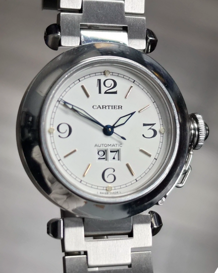 2001 Cartier Pasha De Cartier C Big Date 35MM White Dial Steel Bracelet (W31044M7)