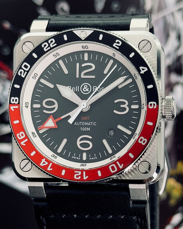 Bell & Ross BR 03 GMT 42MM Black Dial Leather Strap (BR0393-BL-ST/SCA)
