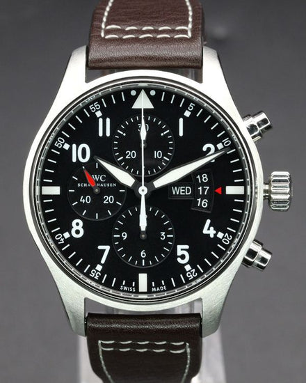 No Reserve - 2018 IWC Schaffhausen Pilot Chronograph 43MM Black Dial Leather Strap (IW377701)
