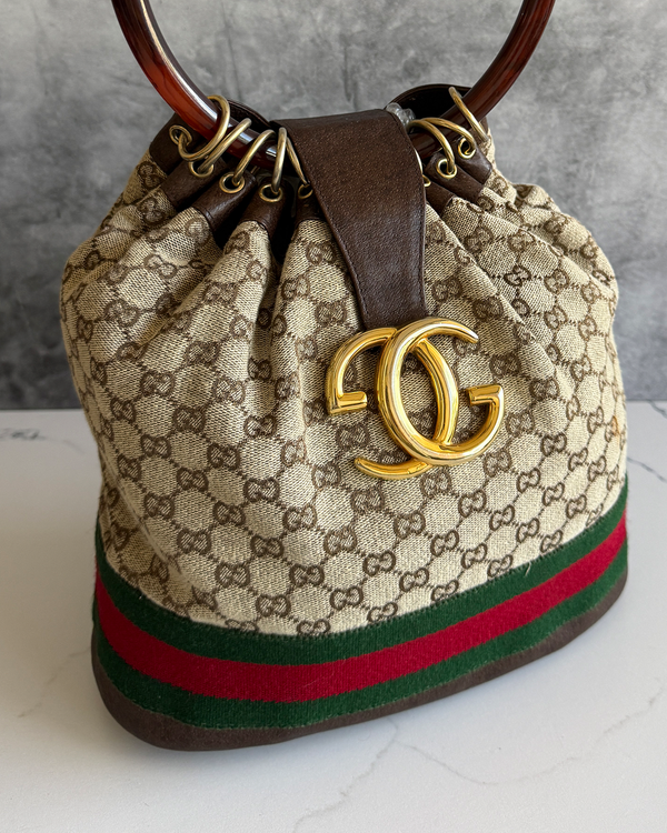 Gucci Bag Bucket Canvas Logo Medium Canvas/Leather Gold-Tone Hardware Lucite Strap (G Monogram)