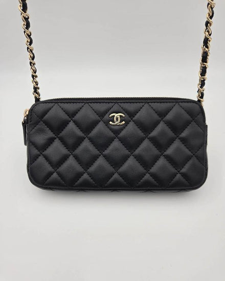Chanel Bag Crossbody Small Black Quilted Lambskin Leather Gold-Tone Hardware Chain Strap (Bag)