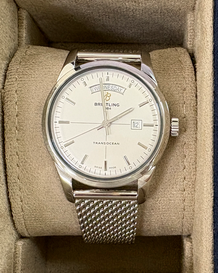 No Reserve - 2020 Breitling Transocean Day & Date 43MM Silver Dial Steel Bracelet (A45310)