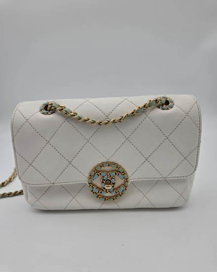 Chanel Bag "All Around" 20P CC Turn-Lock White Leather Gold-Tone Hardware Leather/Chain Strap (Preloved CC)