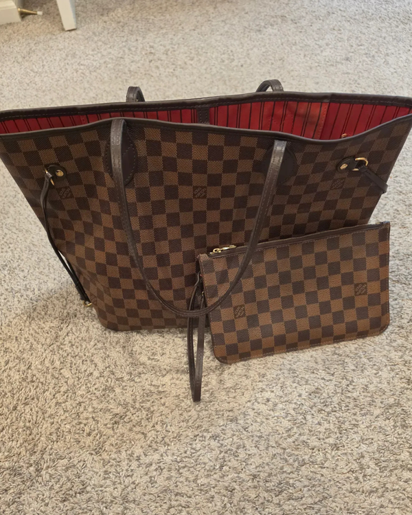 No Reserve - 2017 Louis Vuitton Neverfull MM Bag Medium Damier Ebene Canvas Gold-Tone Hardware Leather Strap (Totebag)