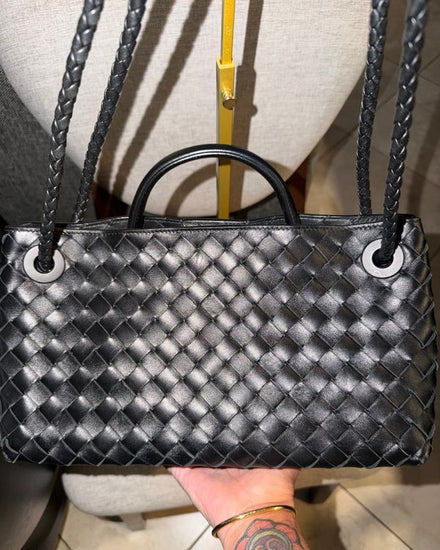 2025 Bottega Veneta Andiamo Medium Boston Bag Lambskin Black Gold Tone Hardware Leather Strap (Handbag)