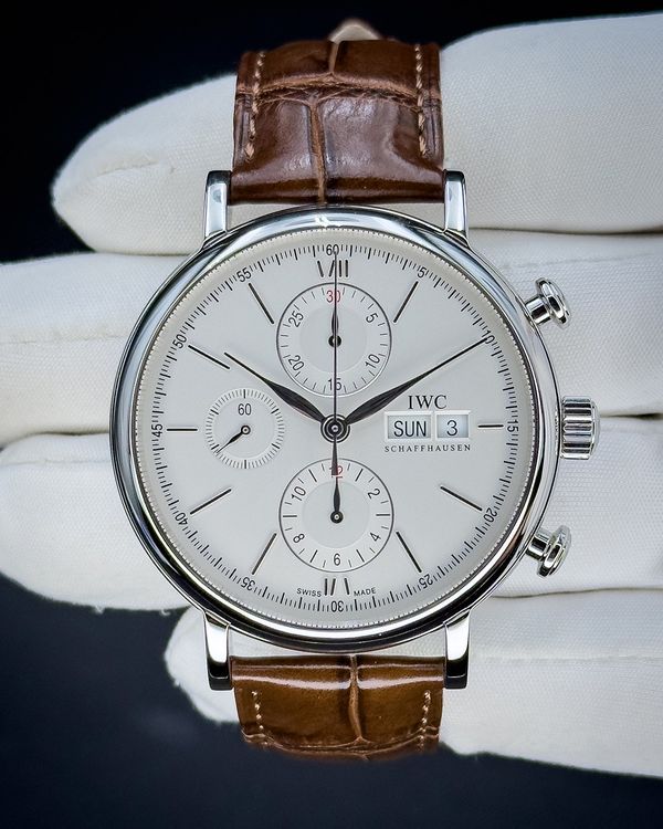 No Reserve - IWC Schaffhausen Portofino Day Date Chronograph 42MM Silver Dial Leather Strap (IW391007)