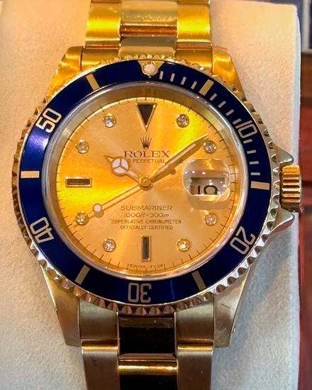 1991 Rolex Submariner Date "Serti" 40MM Champagne Dial Yellow Gold Oyster Bracelet (16618)