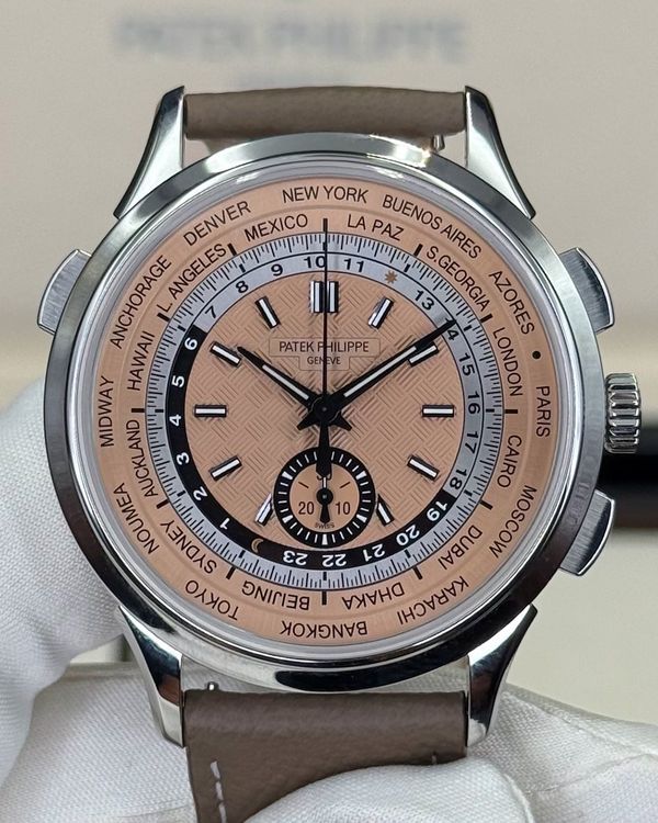 2023 Patek Philippe World Time Flyback Chronograph 41MM Salmon Dial Leather Strap (5935A-001)
