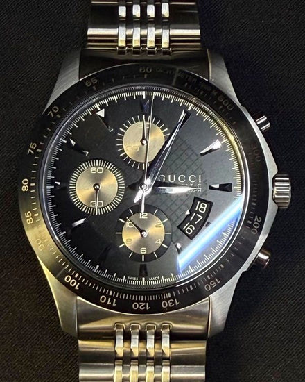 Gucci G-Timeless Chronograph 46MM Black Dial Steel Bracelet (YA126214)