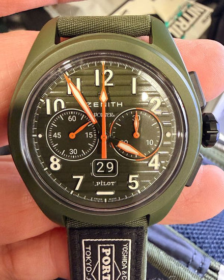 2026 Zenith Pilot Chronograph Flyback Big Date Porter L.E. 42.5MM Green Dial Textile Strap (49.4001.3652/63.I001)