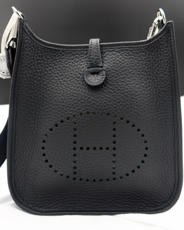 2026 Hermès Evelyne 16 Mini Clemence Black in Black Leather Paladium Hardware Textile Strap (Evelyne)