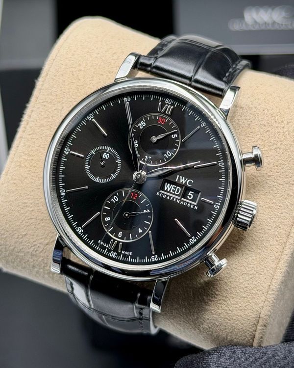 No Reserve - 2020 IWC Schaffhausen Portofino Chronograph 42MM Black Dial Leather Strap (IW391029)