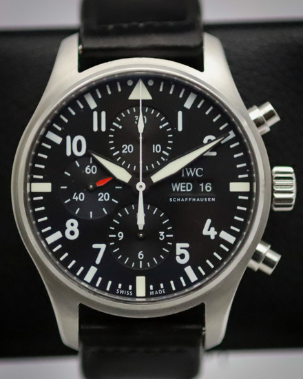 No Reserve - 2018 IWC Schaffhausen Pilot Chronograph 43MM Black Dial Leather Strap (IW377709)