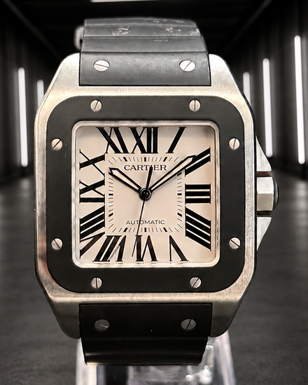 No Reserve - 2016 Cartier Santos 100 De Cartier 38MM Silver Dial Rubber Strap (W20121U2)