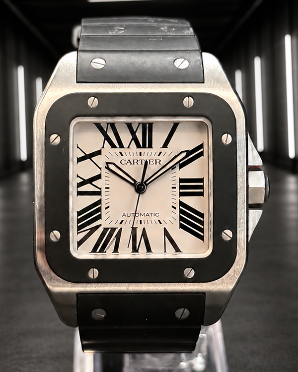 No Reserve - 2016 Cartier Santos 100 De Cartier 38MM Silver Dial Rubber Strap (W20121U2)