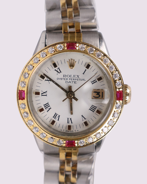 No Reserve - Vintage Rolex Oyster Perpetual Lady Date 26MM Aftermarket White Dial Aftermarket Two-Tone Bracelet (6517)