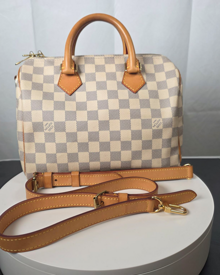 Louis Vuitton Speedy 25 Bandoulière Damier Azur Medium Canvas Gold-Tone Hardware Leather Strap (Speedy)