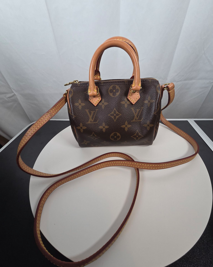 2020 Louis Vuitton Bag Nano Speedy Small Size Monogram Canvas Gold-Tone Hardware Leather Strap (Bag)