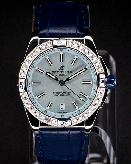 No Reserve - 2024 Breitling Super Chronomat 38MM Ice Blue Dial Leather Strap (A17356531C1S1)