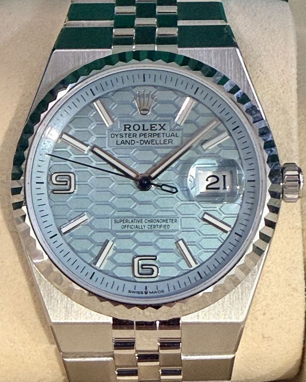 2026 Rolex Land-Dweller 36MM Ice Blue Dial Platinum Flat Jubilee Bracelet (127236)