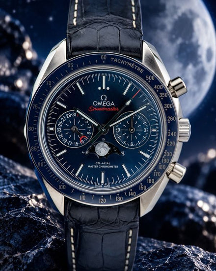 No Reserve - 2016 Omega Speedmaster Moonphase 44.25MM Blue Dial Leather Strap (304.33.44.52.03.001)