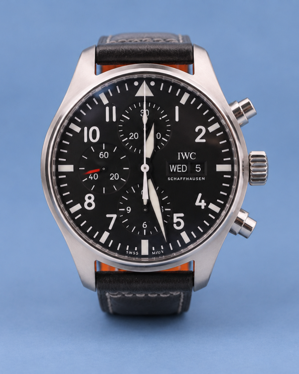 No Reserve - 2020 IWC Schaffhausen Pilot Chronograph 43MM Black Dial Leather Strap (IW377709)