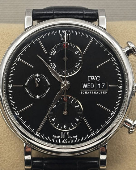 No Reserve - 2017 IWC Schaffhausen Portofino Chronograph 42MM Black Dial Leather Strap (IW391008)