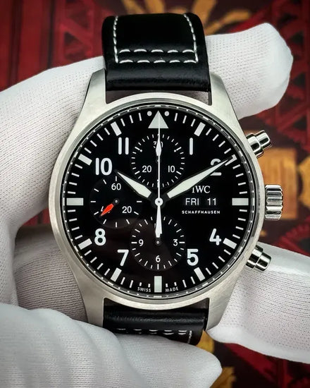 2019 IWC Schaffhausen Pilot Chronograph 43MM Black Dial Leather Strap (IW377709)
